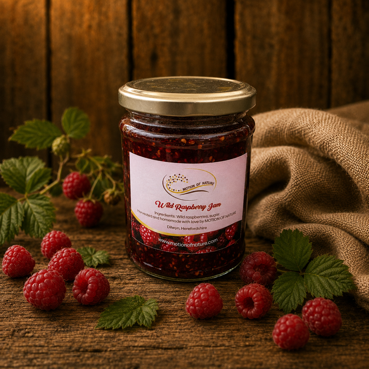 Jar of wild raspberry jam with fresh raspberries on a wooden surface