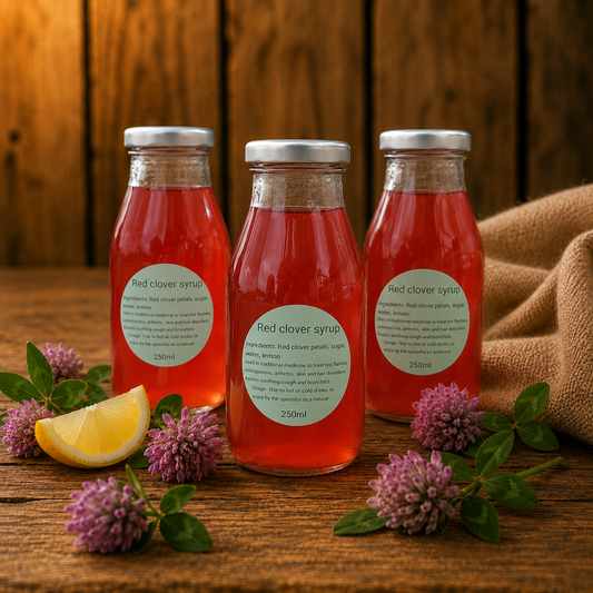 Three bottles of red clover syrup on a wooden surface with flowers and a lemon slice.