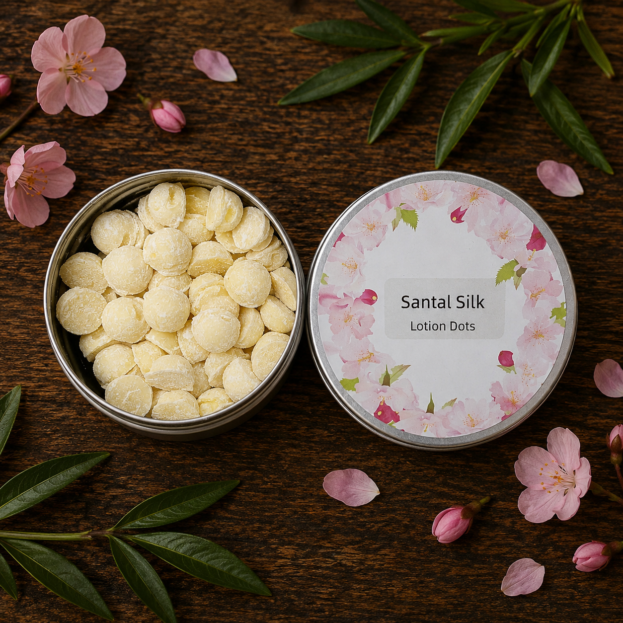 Santal Silk Lotion Dots in a decorative tin with cherry blossoms on a wooden surface