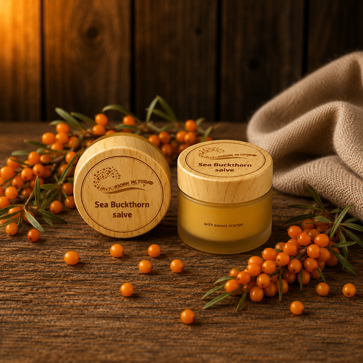 Two jars of Sea Buckthorn salve with sea buckthorn berries on a wooden surface