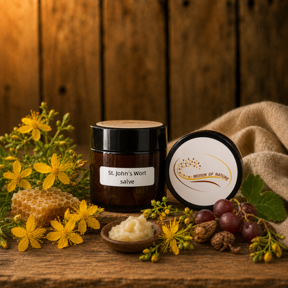 Jar of St. John's Wort salve with natural ingredients on a wooden surface