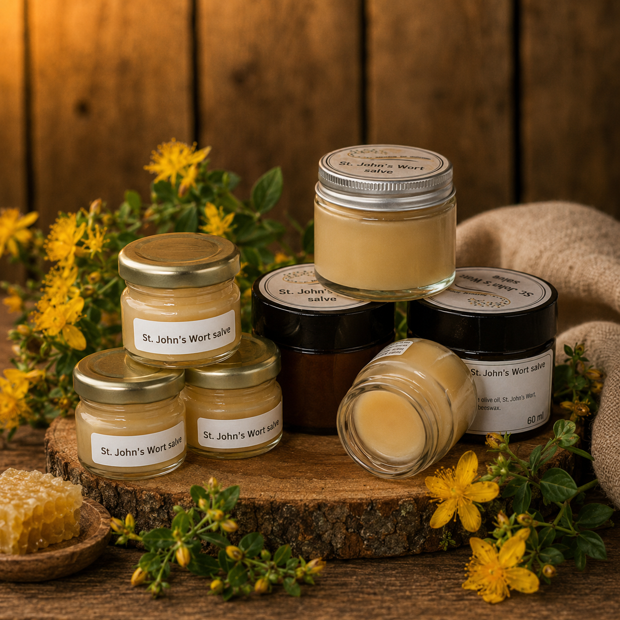Jars of St. John's Wort salve on a wooden surface with flowers and honeycomb.