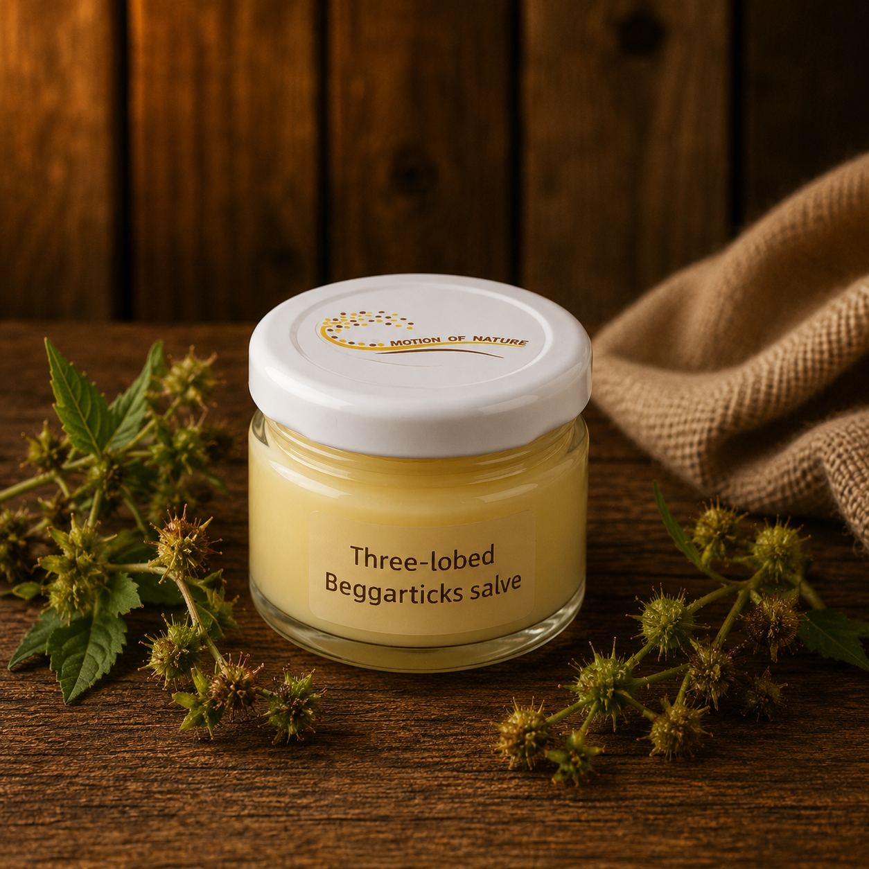 Jar of 'Three-lobed Beggarticks salve' with plant materials on a wooden surface